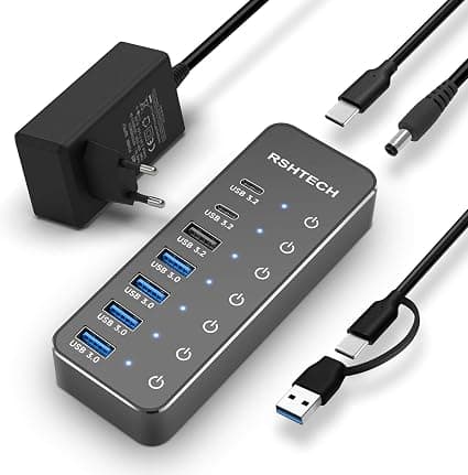 Hub USB Alimentado RSHTECH de 7 Puertos, USB 3.2/USB-C, con Interruptor Táctil individual y Cable de Datos 2 en 1