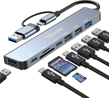 Hub USB C 3.0, Adaptador Multipuerto 8 en 2 con Lector de Tarjetas SD y TF, Puertos 3.0 y 2.0