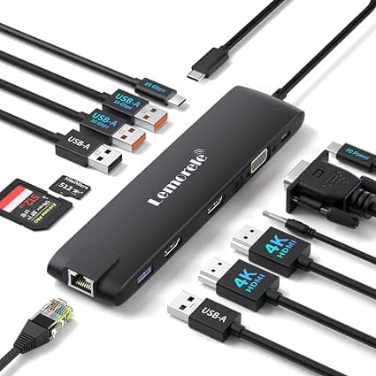Lemorele Docking Station USB-C 3*Display - 13 en 1, Hub USB C 2 HDMI 4K+VGA, Ethernet, 100W PD, SD/TF, Audio